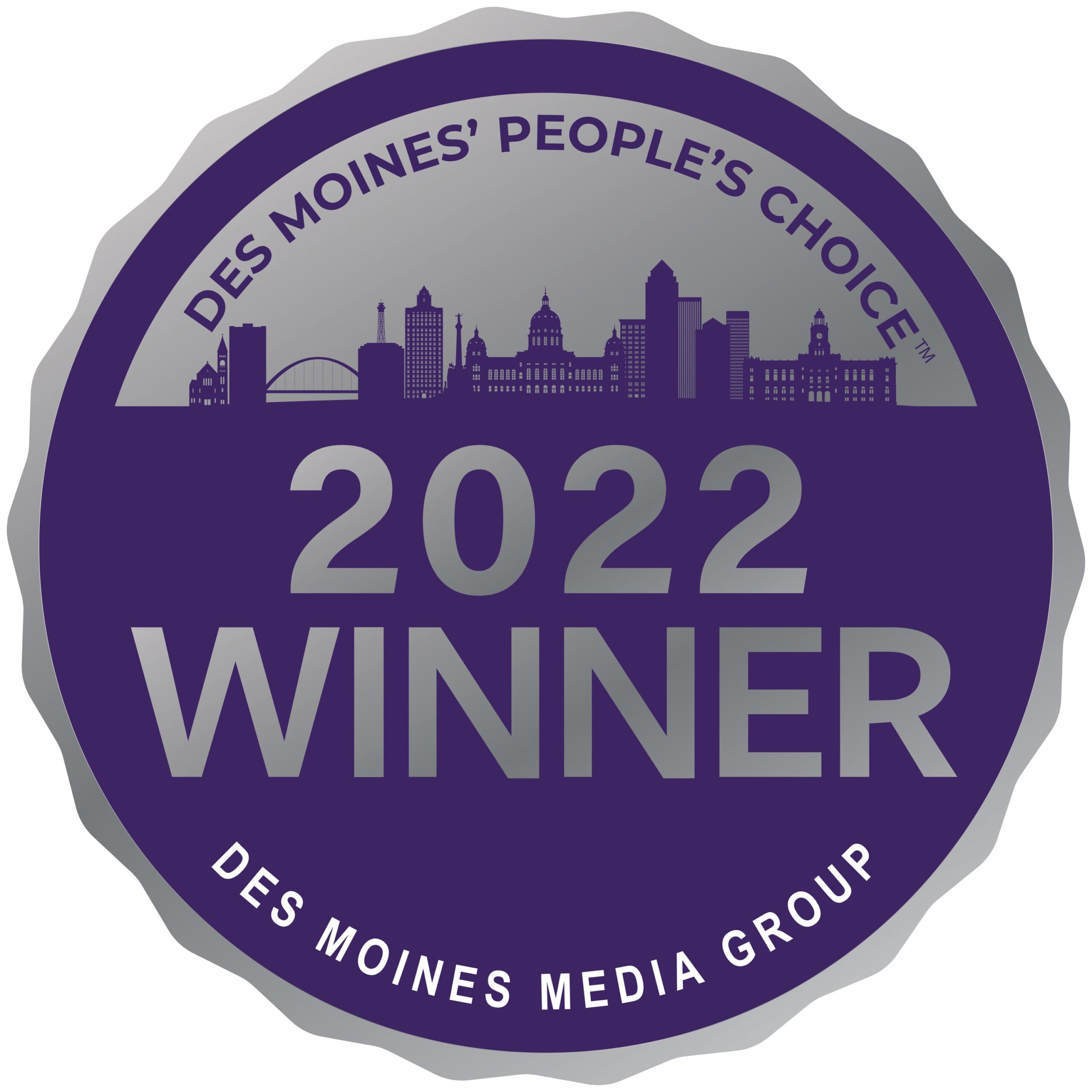 A circular purple badge reads "Des Moines' People's Choice 2022 Winner" with a city skyline silhouette and "Des Moines Media Group" at the bottom. -Pure Salon, Ankeny, Johnston, & Indianola, IA