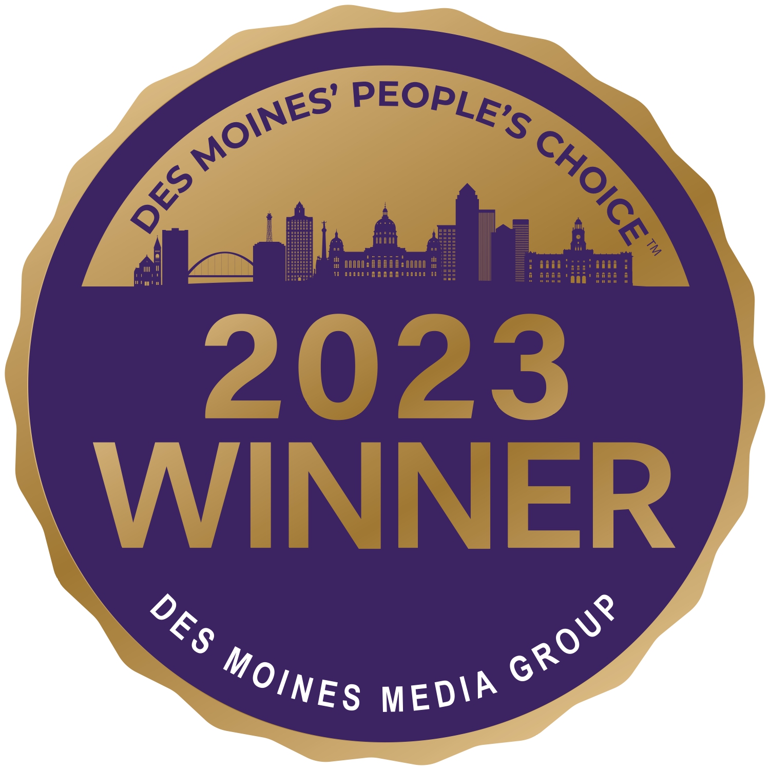 A circular seal with a city skyline and text reads: "Des Moines' People's Choice 2023 Winner, Des Moines Media Group. -Pure Salon, Ankeny, Johnston, & Indianola, IA