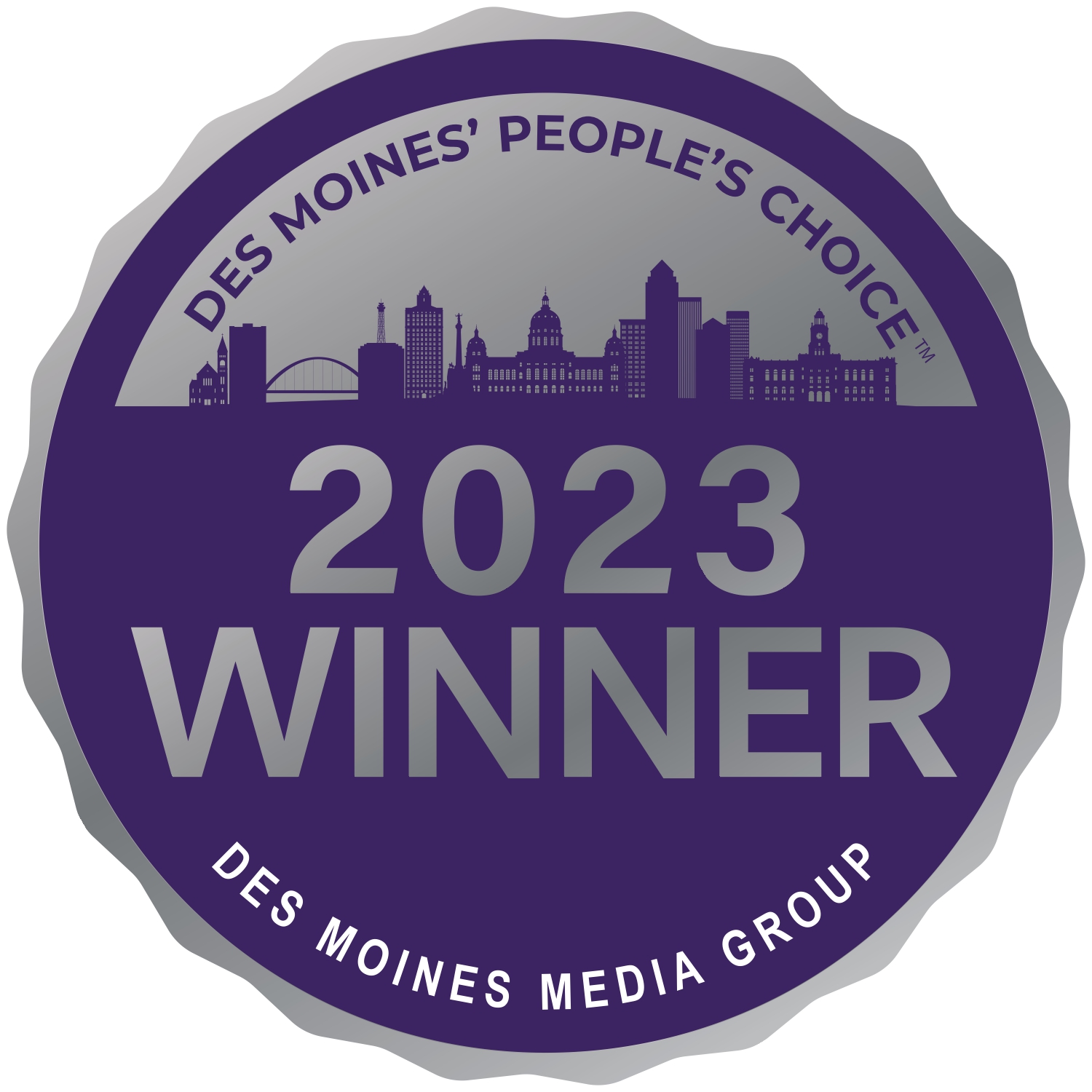 A circular badge reads "Des Moines' People's Choice 2023 Winner" with a city skyline and "Des Moines Media Group" around the edge. -Pure Salon, Ankeny, Johnston, & Indianola, IA