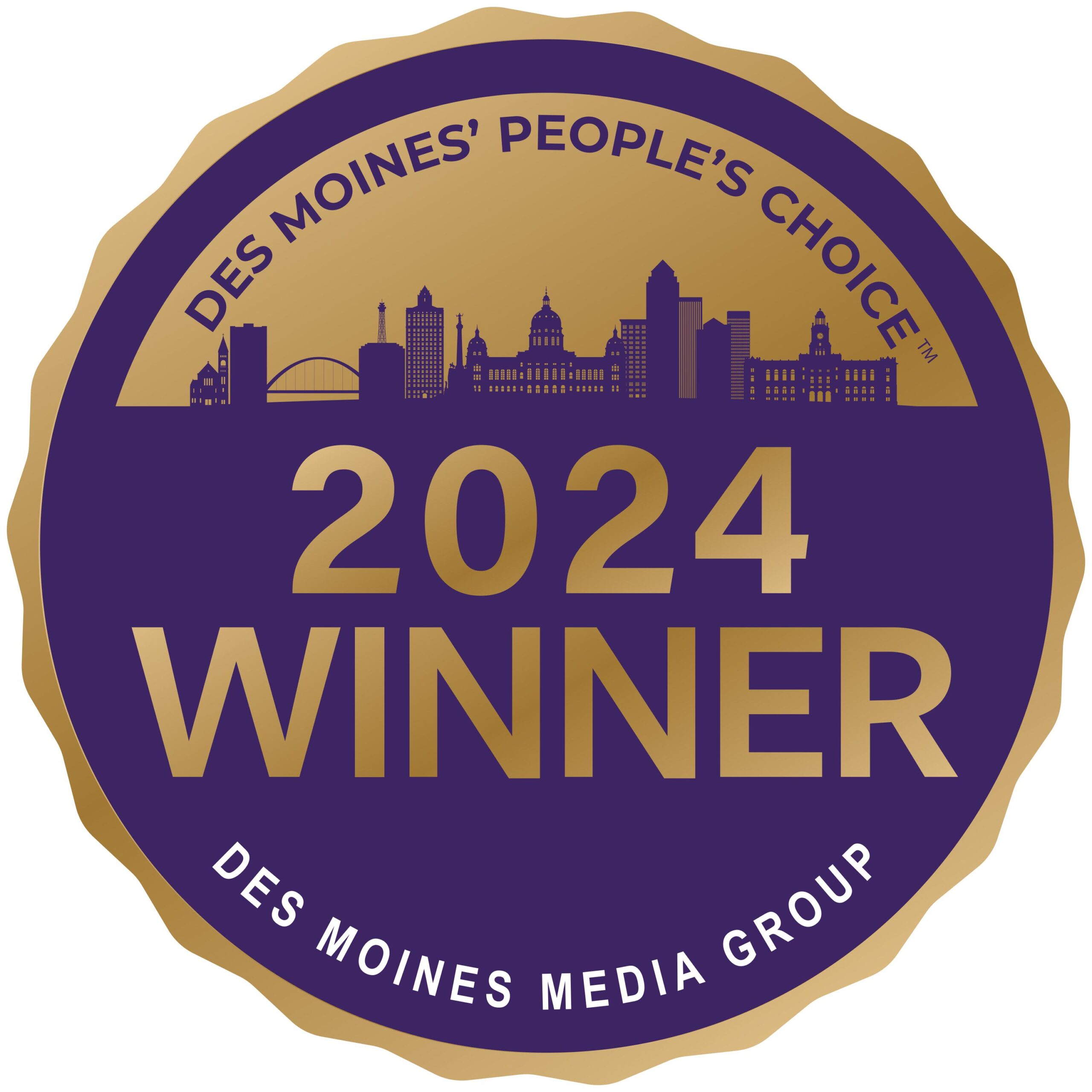 A gold and purple badge reads "Des Moines' People's Choice 2024 Winner" with a city skyline and "Des Moines Media Group" at the bottom. -Pure Salon, Ankeny, Johnston, & Indianola, IA